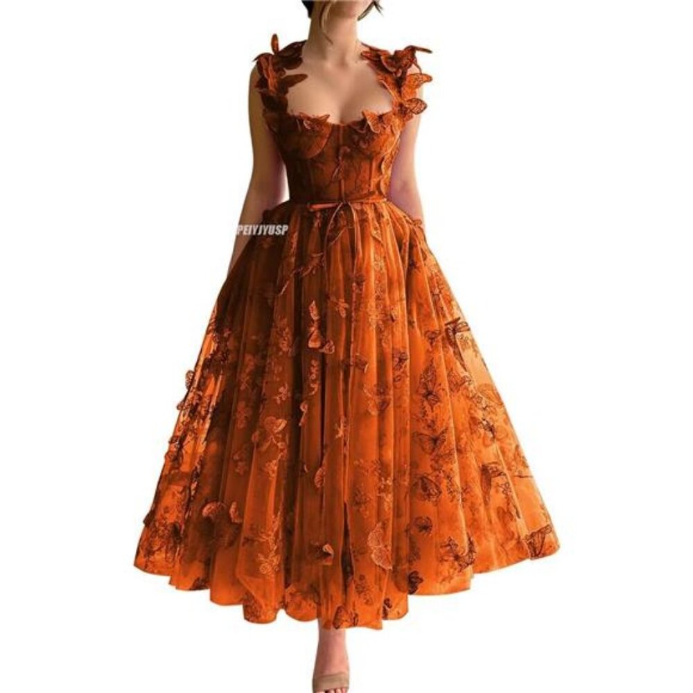 Women's Tulle Prom Dresses Long 3Dโ Butterfly Spaghetti Straps Homecoming